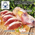 Beef BLADE Australia frozen daging sapi sampil CUBED-DADU RENDANG / CURRY BITE-SIZE 2cm 5/8" (price/pack 600g +/-50pcs) any brand in stock; GBP, WMPG, RALPHS or AMH